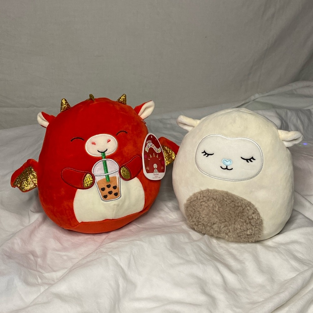 Squishmallows 8" NWT Baiden the Dragon Drinking Boba Tea & Sophie the Lamb EUC